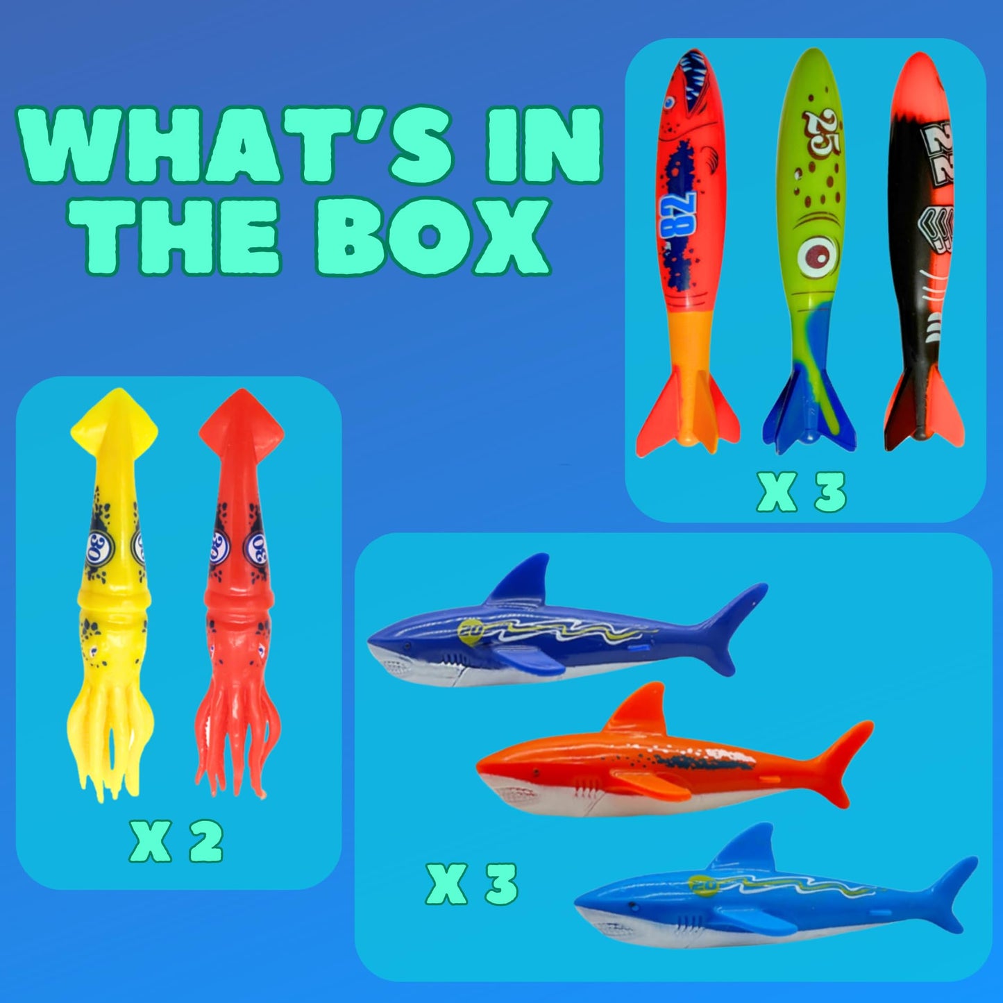 Haktoys Pool Diving Torpedo Toy Set – Underwater Shark Torpedoes, Squid Dive Toys & Swim Training Sinkers for Kids – Fun Summer Swimming Pool Toys for Boys & Girls, Indoor & Outdoor Water Games