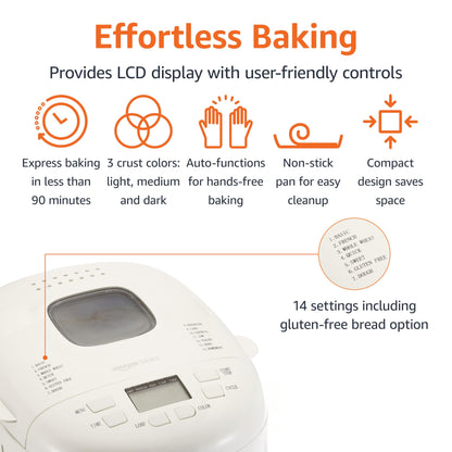 Amazon Basics Programmable Bread Maker, 2 Pound Non-Stick Automatic Bread Making Machine, 14 Settings for Breads, Doughs, Gluten-Free Options and More, LCD Display, White
