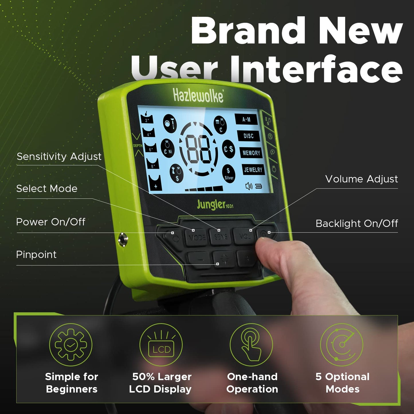 Hazlewolke Metal Detector for Adults, Rechargeable Battery for 20H Typical Use, 5 Professional Mode with Higher Accuracy 10” Waterproof Coil for Gold Detecting