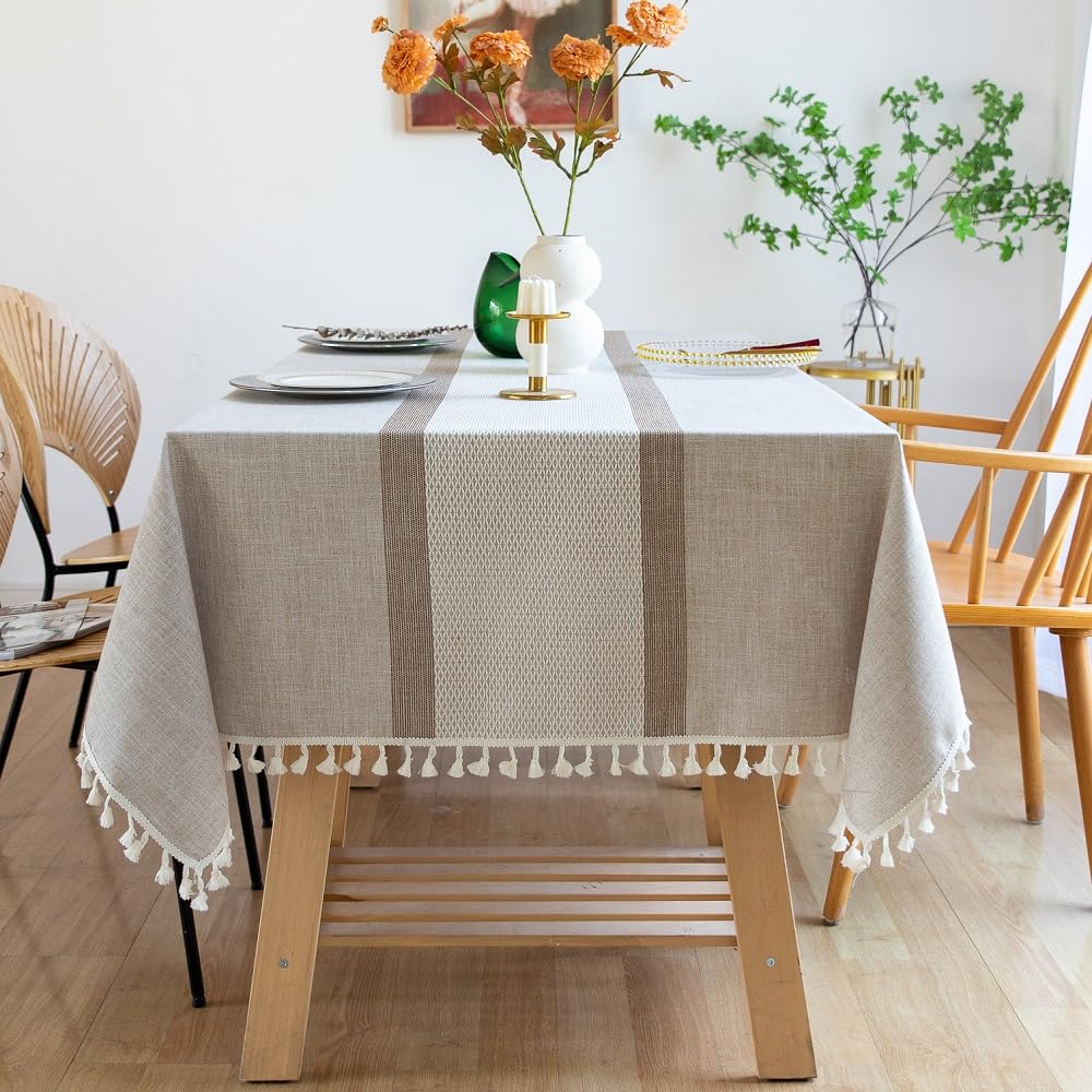 Pahajim Camping Tablecloth Kitchen Table Cloth Rectangle Table Cover for Farmhouse Tablecloths with Tassels Christmas (Double Stripe Coffee, Square,55 x 55 Inch,4 Seats)