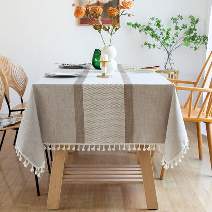 Pahajim Camping Tablecloth Kitchen Table Cloth Rectangle Table Cover for Farmhouse Tablecloths with Tassels Christmas (Double Stripe Coffee, Square,55 x 55 Inch,4 Seats)