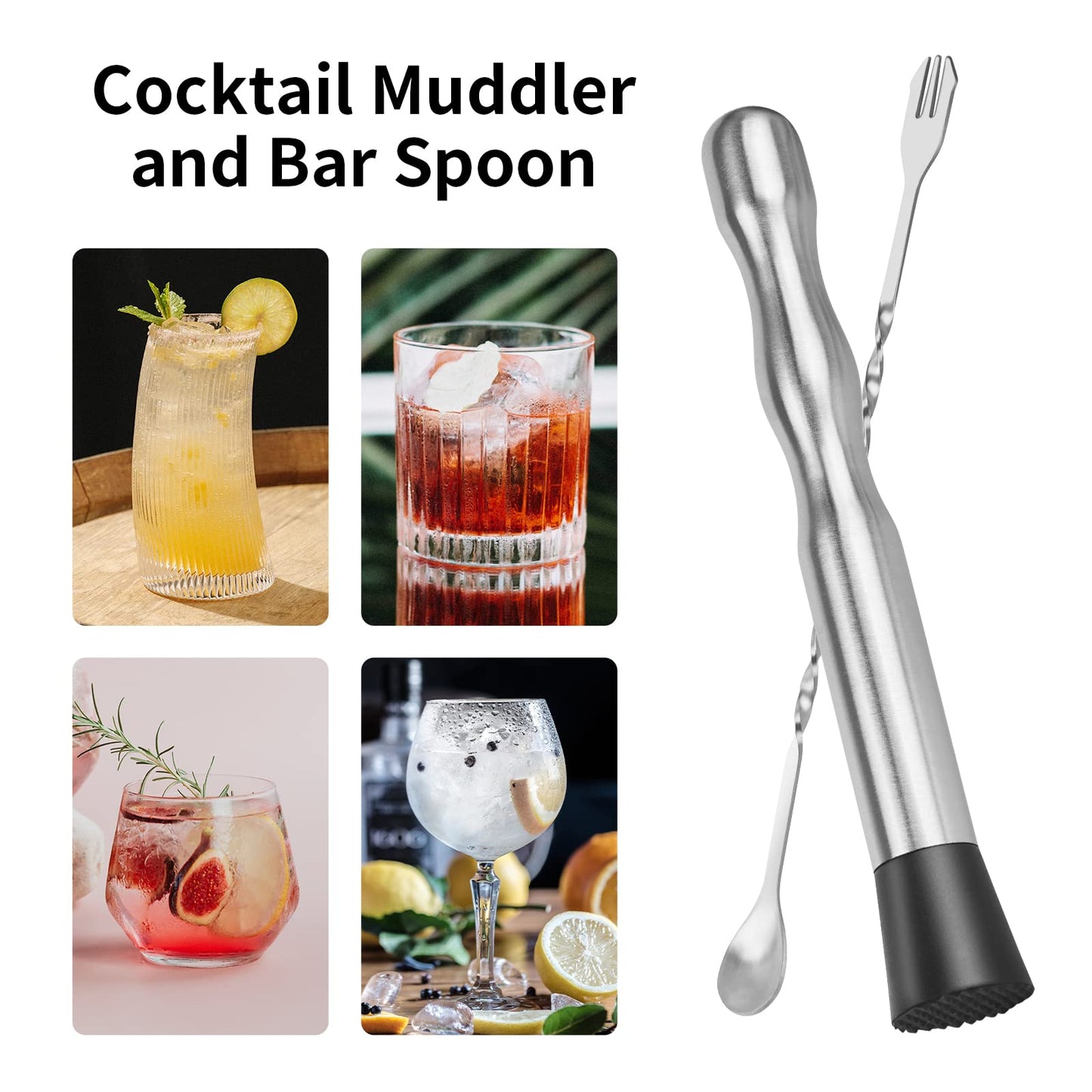 Muddler for Cocktails Bar Spoon - Vaincre 2PCS 9" Muddler and 10” Mixing Spoon Cocktail Mixing Stirrer, Stainless Steel Bar Accessories Tools Long Drink Stirrer Bartender Gifts for Mojitos Drinks