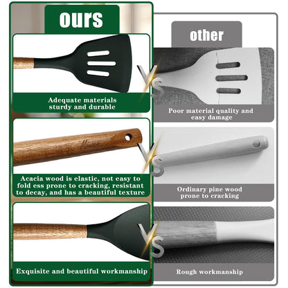 Miusco Non-Stick Silicone Cooking Utensils Set with Natural Acacia Hard Wood Handle, 5 Piece, High Heat Resistant (Green)