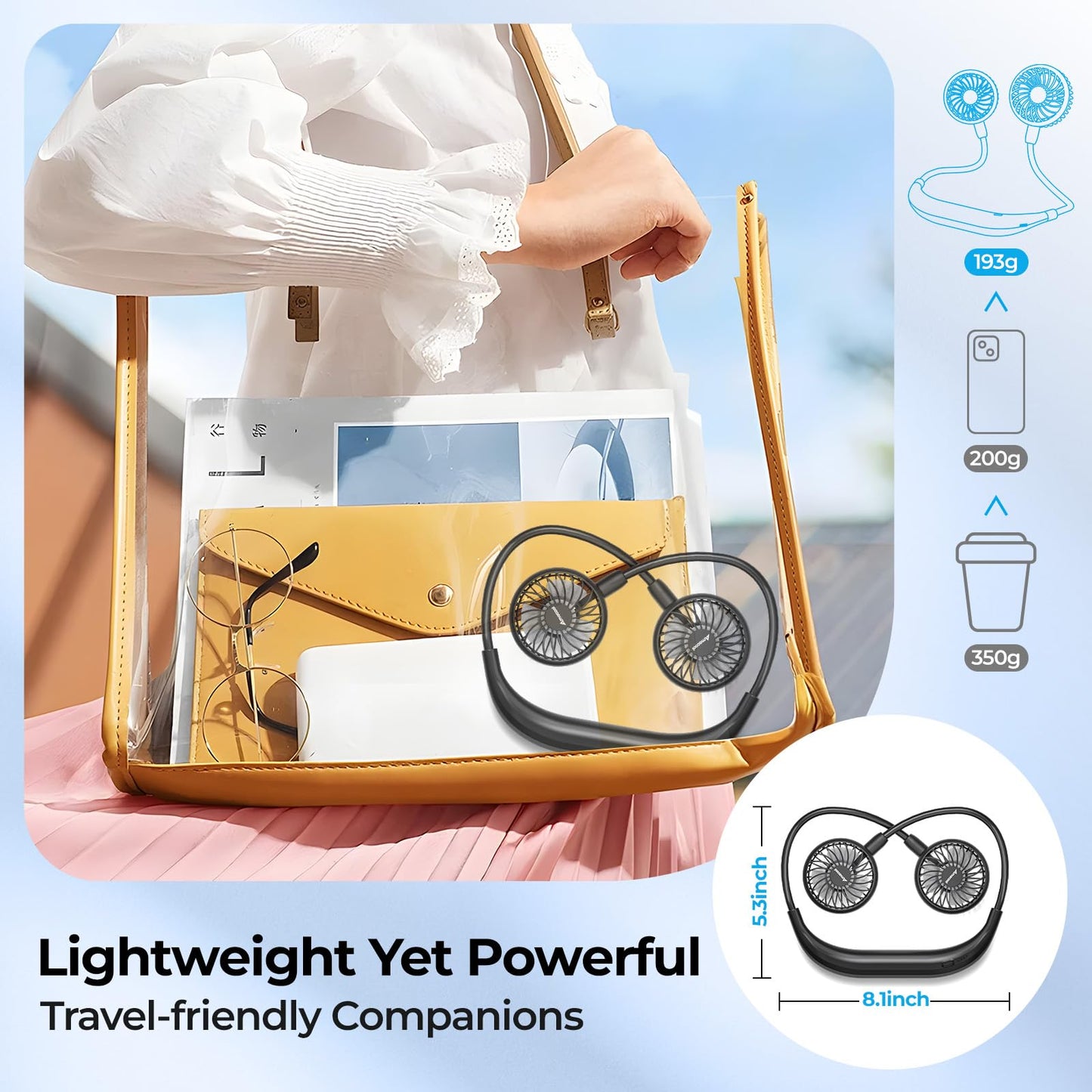 AMACOOL Neck Fan Battery Operated Neckband Fan Hand-Free Wearable Personal Fan for Hot Flashes Home Office Travel Outdoor Sports (Black)