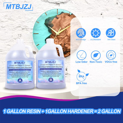 MTBJZJ Epoxy Resin 2 Gallon Kit - Crystal Clear Epoxy Resin | Self Levels for Jewelry Casting Resin Molds DIY, Arts & Crafts, Bars, Tabletop Art 1:1 Ratio(1 Gallon x 2)