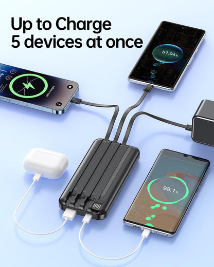 Portable Charger with Built in Cable - 20000mAh Fast Charging 22.5W Slim Power Bank USB C LED Display Travel Battery Pack 5 Outputs & 3 Inputs for iPhone Samsung Android iPad Phones Tablets etc