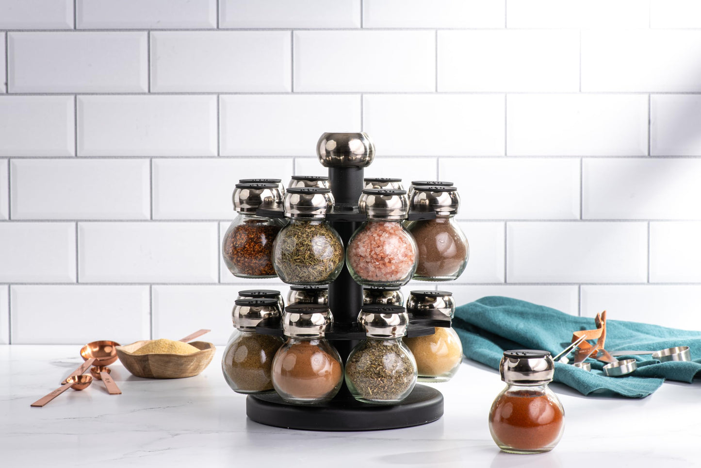 Olde Thompson Since 1944 Orbit Rotating Rack, 16 Refillable Spice Jars, Labeled Shaker Tops, 45, Black, Clear