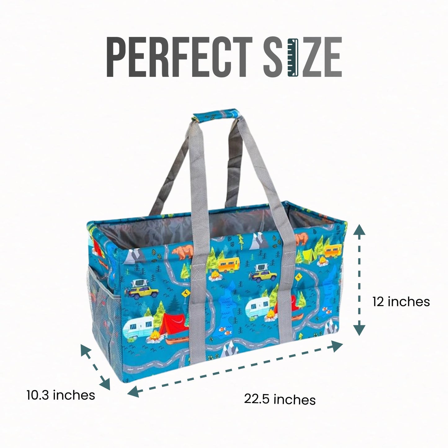 Lucazzi Extra Large Utility Tote Bag - Oversized Collapsible Reusable Wire Frame Rectangular Canvas Basket With Two Exterior Pockets For Beach, Pool, Laundry, Car Trunk, Storage - Camping