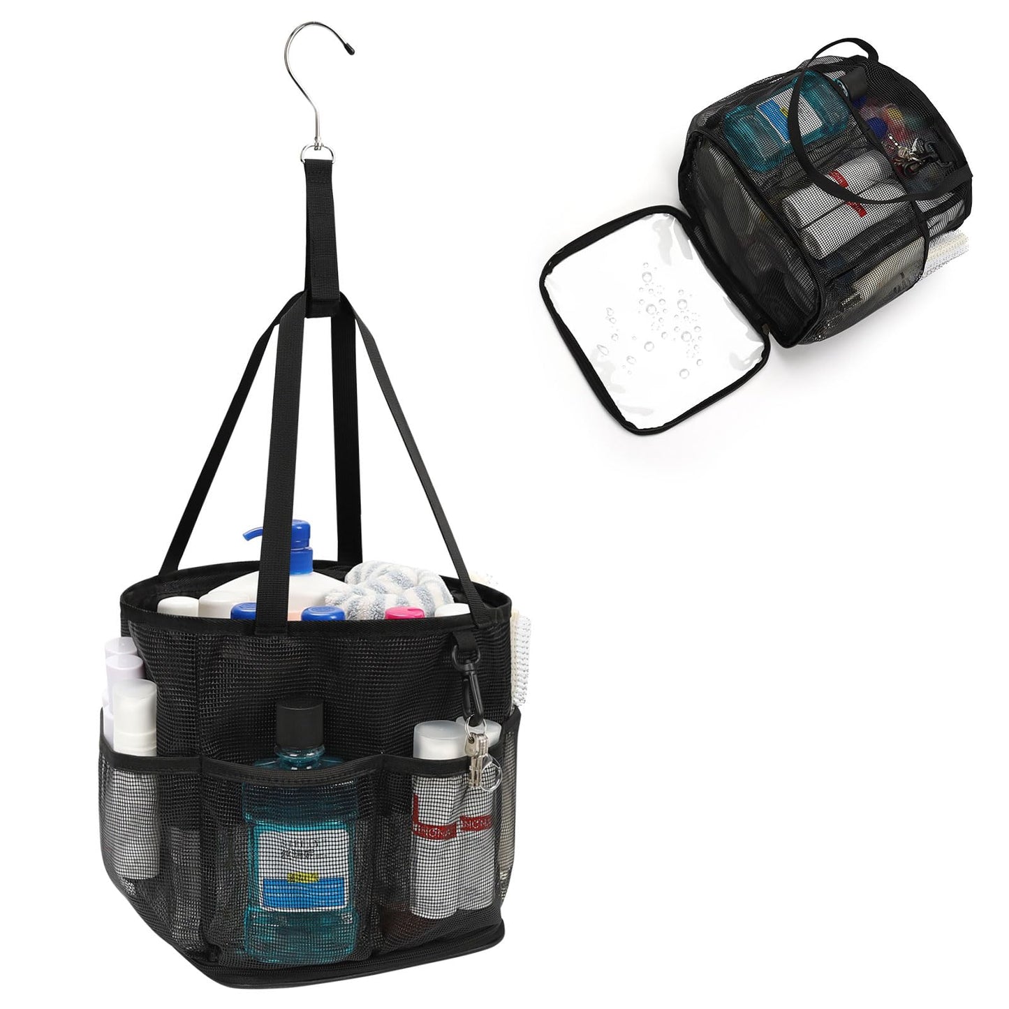 Mesh Shower Caddy Portable for College Dorm Room Essentials, Shower Tote Bag with Hanging Hook and Drawstring, Quick Dry Toiletry Bag with 6 Pockets for Bathroom, Swimming, Gym, Camping, Beach, Travel