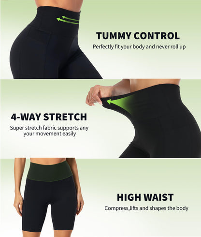NEW YOUNG Biker Shorts Women with Pockets-5"/8" High Waisted Tummy Control Workout Gym Running Yoga Shorts