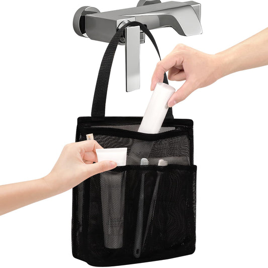 famichan Portable Mesh Shower Caddy, Gym Travel Camp Dorm Room Essentials for College Student Boy Girl, Bathroom Shower Bag - Black
