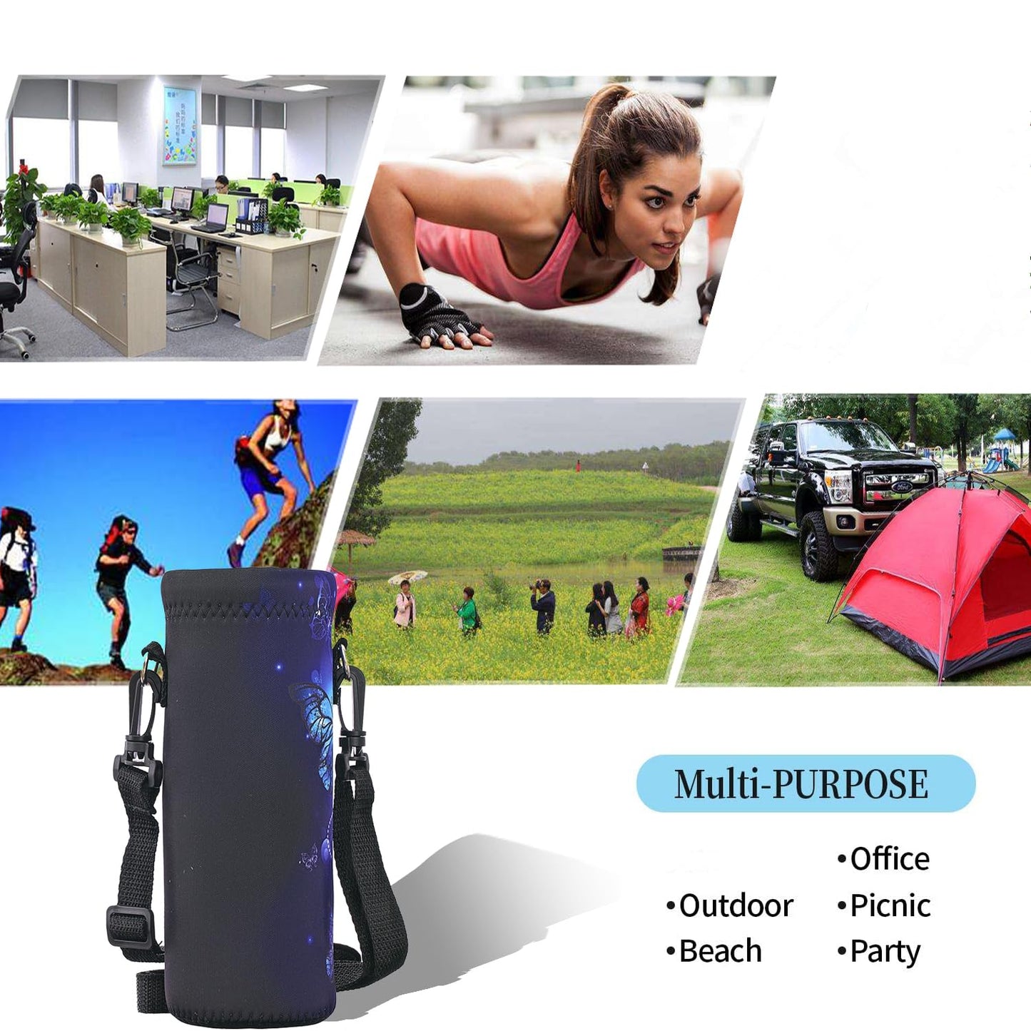 RICHEN Neoprene Water Bottle Carrier Bag with Adjustable Shoulder Strap, Insulated for 750ml/24oz Stainless Steel/Glass/Plastic Bottles (Blue Butterflies, 750ml)