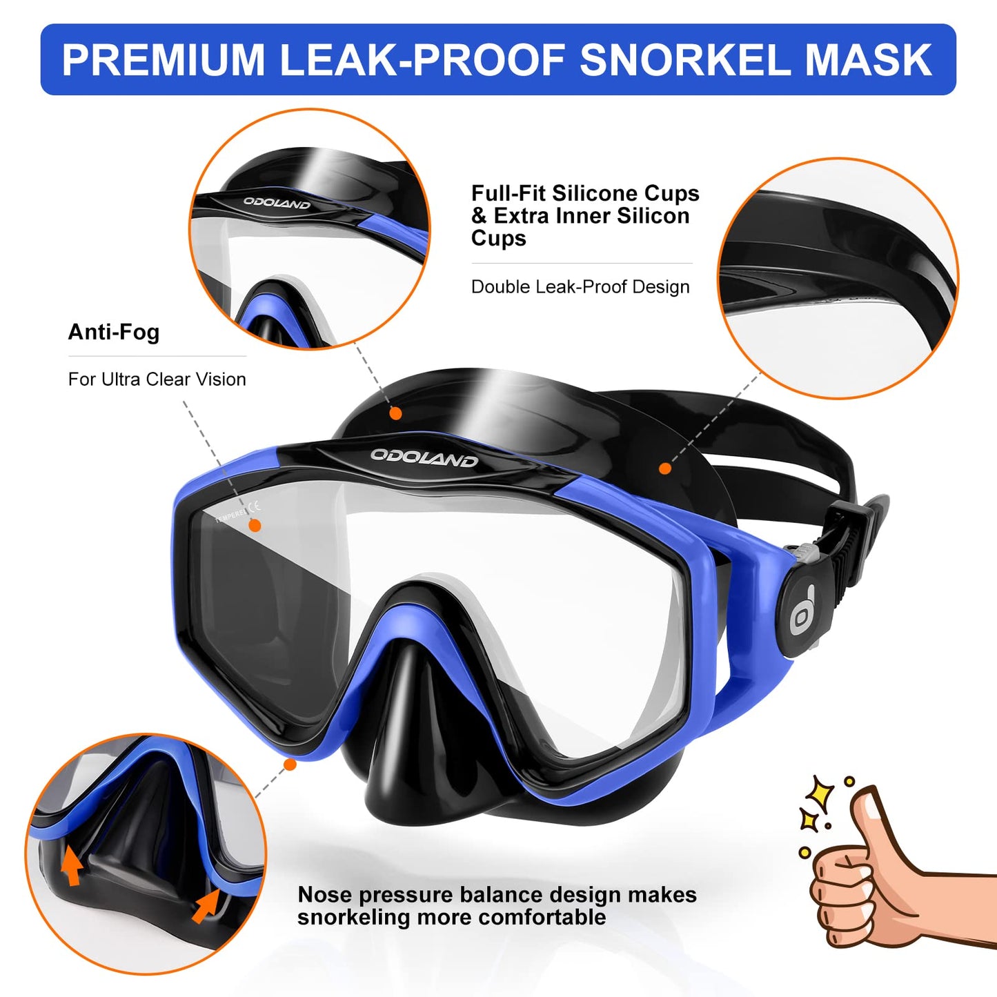 Odoland Kids Snorkeling Packages Snorkel Set, Anti-Fog and Anti-Leak Dry Top Snorkel Mask with Adjustable Swim Fins for Boys and Girls Age 7-14, Blue