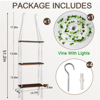 Hanging Shelf with Vine Lights, Macrame Plant Wall Shelf, Wall Storage with Handmade Woven Ropes, 3 Tier Floating Shelf, Boho Room Decor Aesthetic for Succulents, Bedroom, Living Room, Bathroom