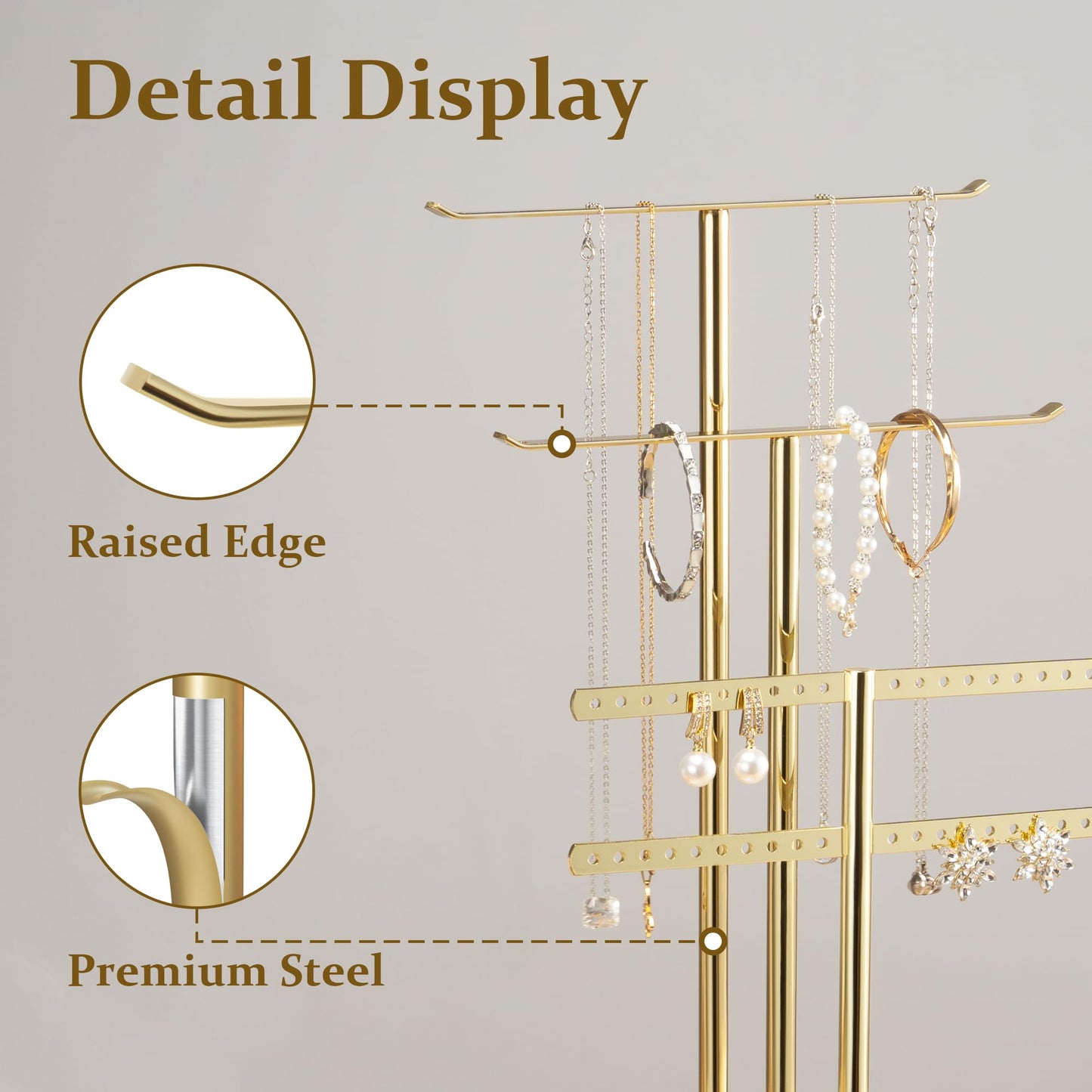 pickpiff Jewelry Stand Organizer Necklace Holder- 14.5" Sturdy Earring and Bracelet Display Hanger, Luxurious Gold, Aesthetic Room Decor