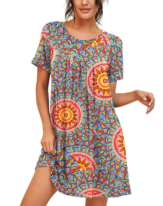 PrinStory Womens Sleepwear Short Sleeve Nightgown Soft Sleepshirt Pleated Nightshirt Scoopneck Casual Loungewear FP-Peacock Blue-Medium