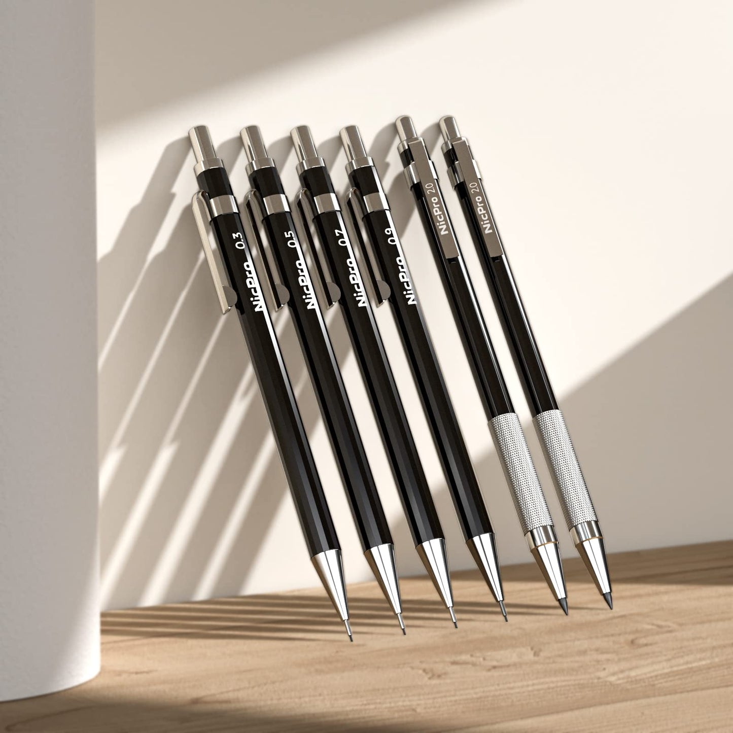 Nicpro 6 PCS Art Mechanical Pencil Set, Black Metal Drafting Pencil 0.3, 0.5, 0.7, 0.9 mm & 2PCS 2mm Graphite Lead Holder(4B 2B HB 2H) For Writing Sketching Drawing With 8 Lead Refills Eraser Case