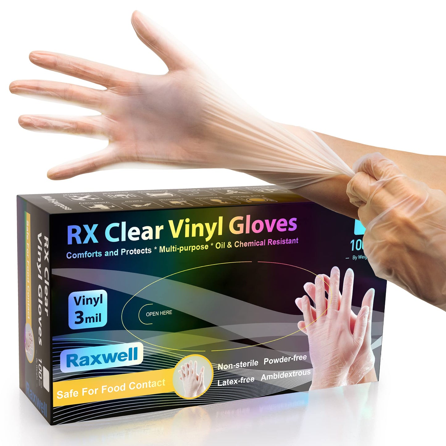 Raxwell Clear Vinyl Disposable Gloves, 100 Count - Latex & Powder Free, Food-Safe for Food Handling & Prep, Non-Sterile Cleaning, Hair Dye & More - Gloves Disposable Latex Free
