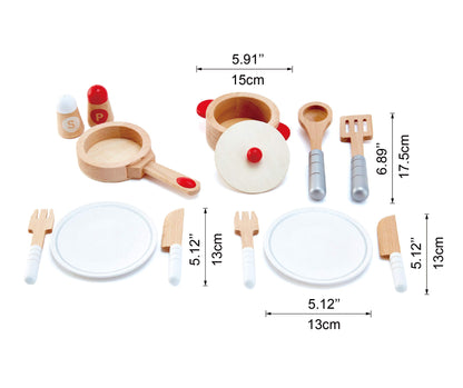 Hape Cook & Serve Set | 13 Piece Wooden Pretend Play Cooking Set with Accessories
