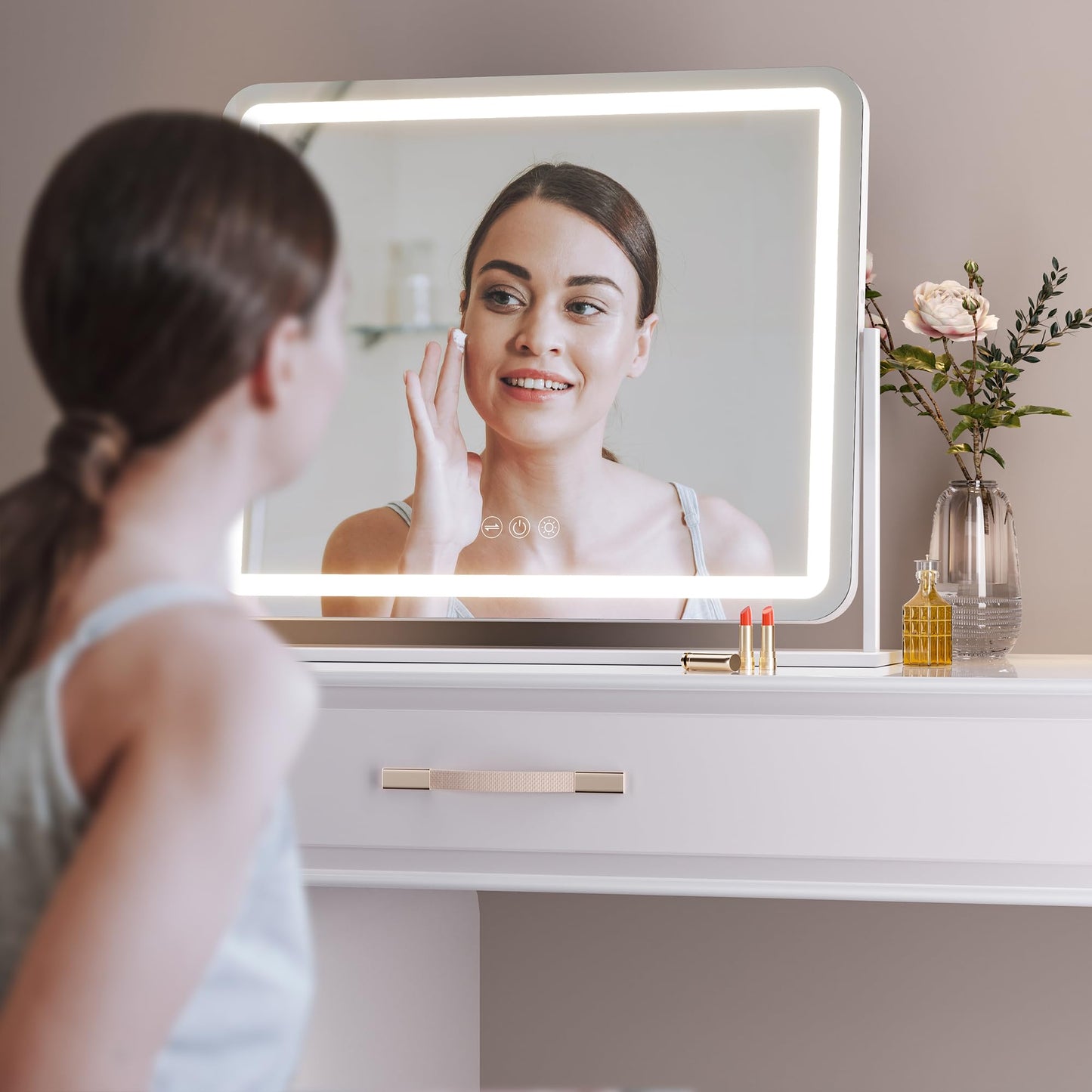 Hasipu Vanity Mirror with Lights, 22" x 18" LED Makeup Mirror, Light up Mirror with Smart Touch 3 Colors Dimmable, Brightness Adjustment, 360° Rotation (White)