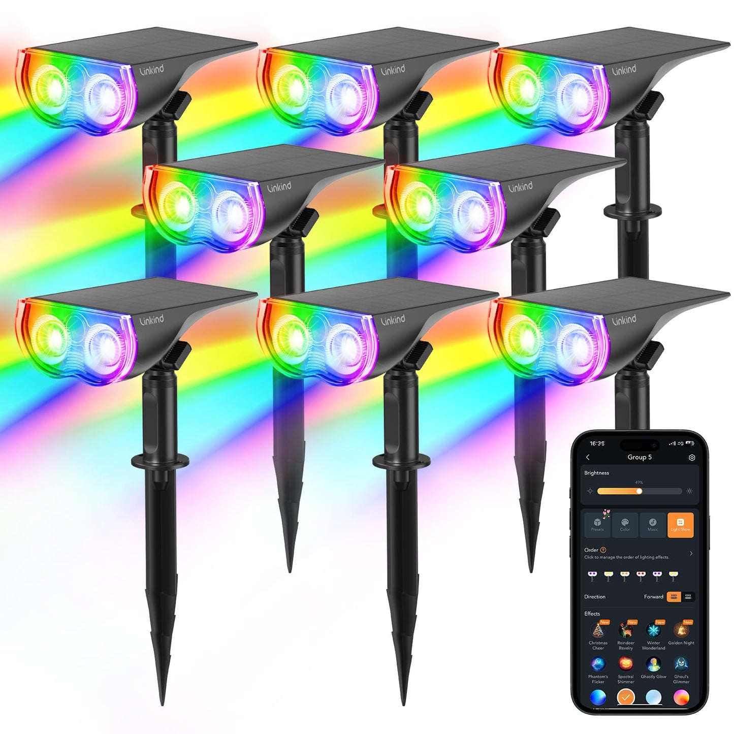 Linkind Smart Solar Spot Lights Outdoor SL5C, Solar Spotlight Waterproof Color Changing APP/Voice Control Landscape Lighting, IP67 Outdoor Lights for Yard, Garden, Pathway(8 Pack)