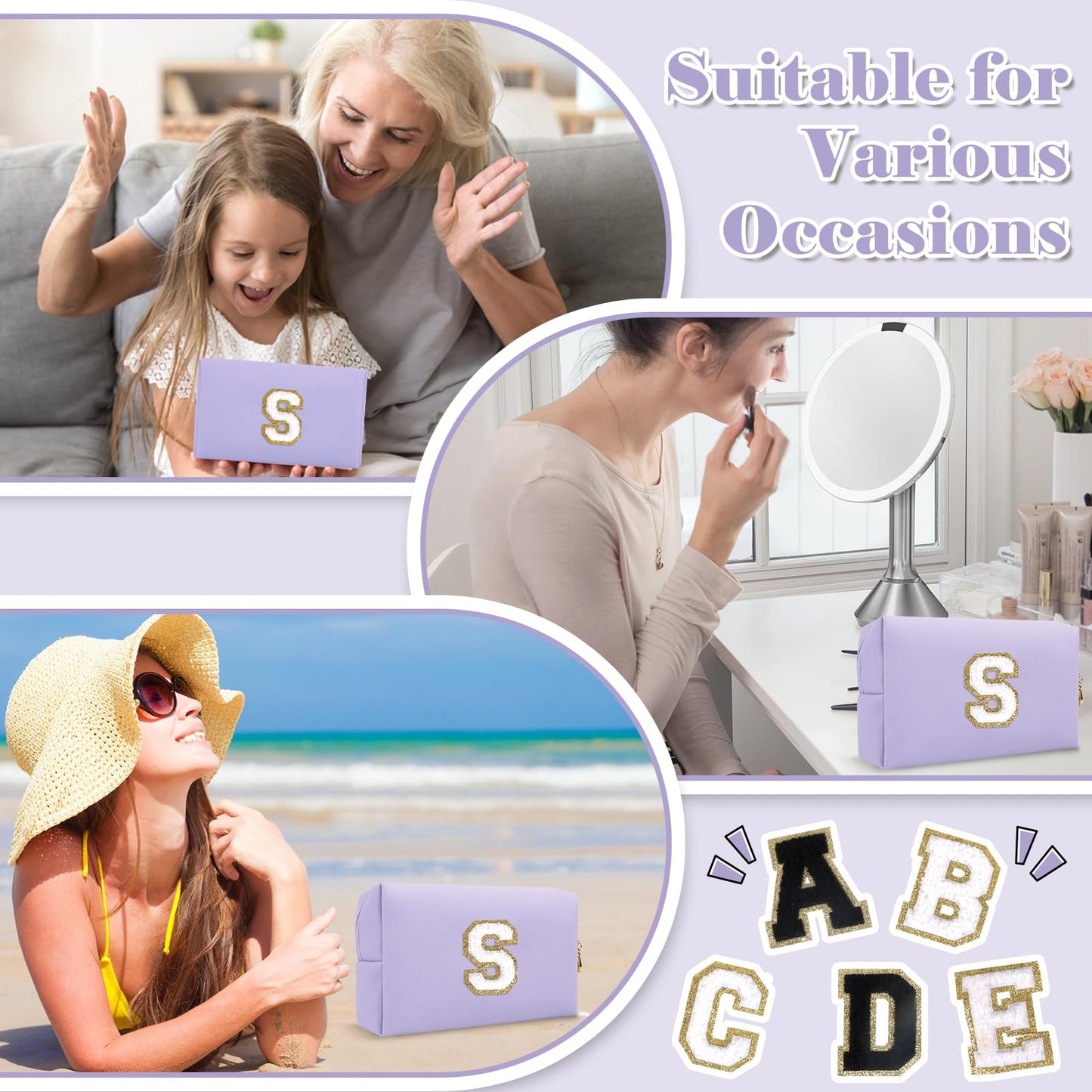 Personalized Makeup Bag Initial A-Z Preppy Patch Bag,Small PU Leather Travel Cosmetic Bag Pouch with Zipper,Purple Cute Toiletry Bag,Gift Ideal for Teen Girls Women Birthday Friend Mom,Latter S