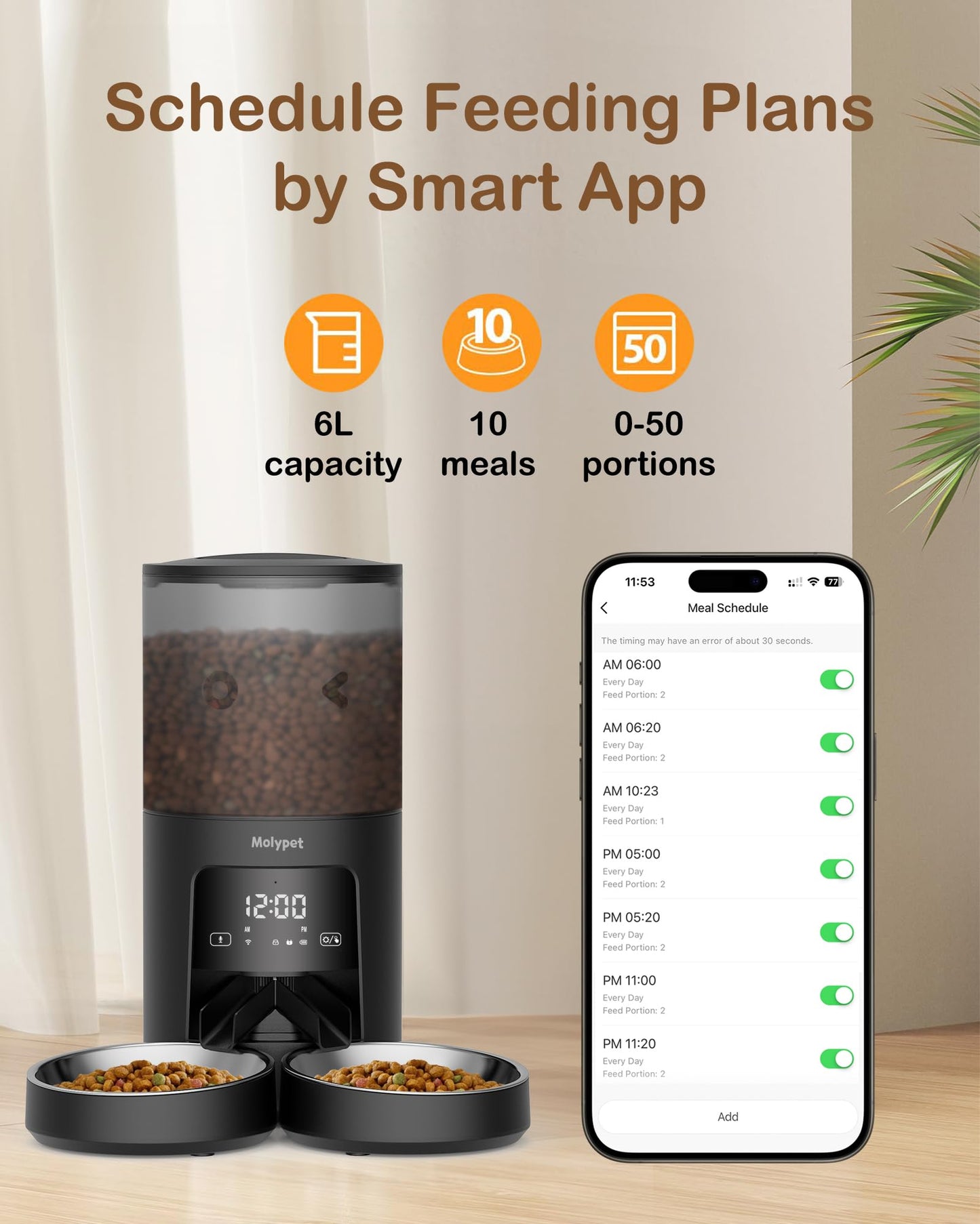 Molypet Automatic Cat Feeder 2 Cats - 5G WiFi Pet Feeder with APP Control, 6L Dry Food Dog Feeder with Blockage Alarms, 1-10 Meals Per Day