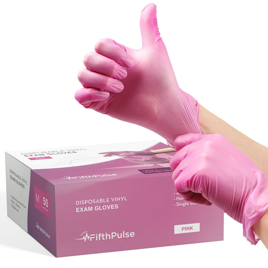 FifthPulse Pink Vinyl Disposable Gloves Medium 50 Pack - Latex Free,Powder Free Medical Exam Gloves - Surgical,Home,Cleaning,and Food Gloves - 3 Mil Thickness,Medium