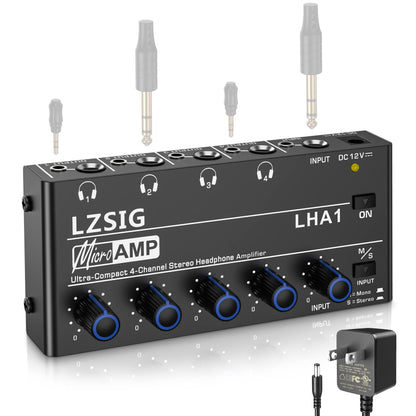 LZSIG Headphone Amplifier 4 Channel, Metal Stereo Audio Amplifier, Mini Earphone Splitter with Power Adapter, 1/4" & 1/8" TRS Headphones Output & TRS Audio Input, DC 12V