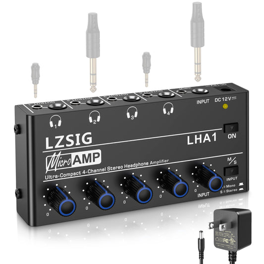LZSIG Headphone Amplifier 4 Channel, Metal Stereo Audio Amplifier, Mini Earphone Splitter with Power Adapter, 1/4" & 1/8" TRS Headphones Output & TRS Audio Input, DC 12V