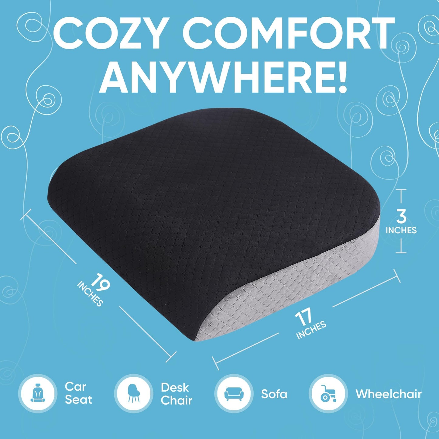 Large Seat Cushion (19” x 17” x 3”) Memory Foam for Office Chair, Wheelchair Cushions, Floor Pillow | Cushion Back Pain Coccyx Pain Relief | Plush Velvet Cover with Carry Handle