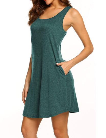 LuckyMore Dresses for Women Casual Summer with Pockets Loose Fit Sleeveless Tunic Dress with Pockets Dark Green, M