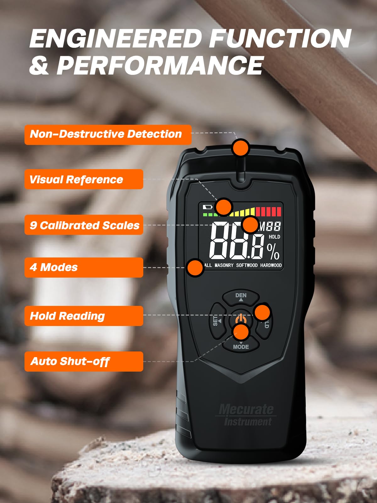 Moisture Meter Damp Meter Pinless Wood Moisture Meter for Walls Logs Firewood and Building Material, 4 Mode 9 Density Settings, Non-Destructive Moisture Detector with Backlit LCD and Alerts (Black)