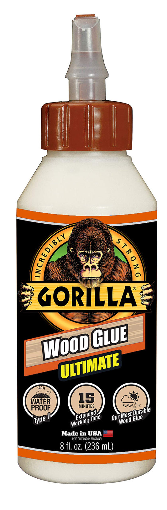 Gorilla Ultimate Waterproof Wood Glue, Natural Wood Color, 8 Ounce (Pack of 1) - Waterproof for Indoor or Outdoor Projects and Repairs