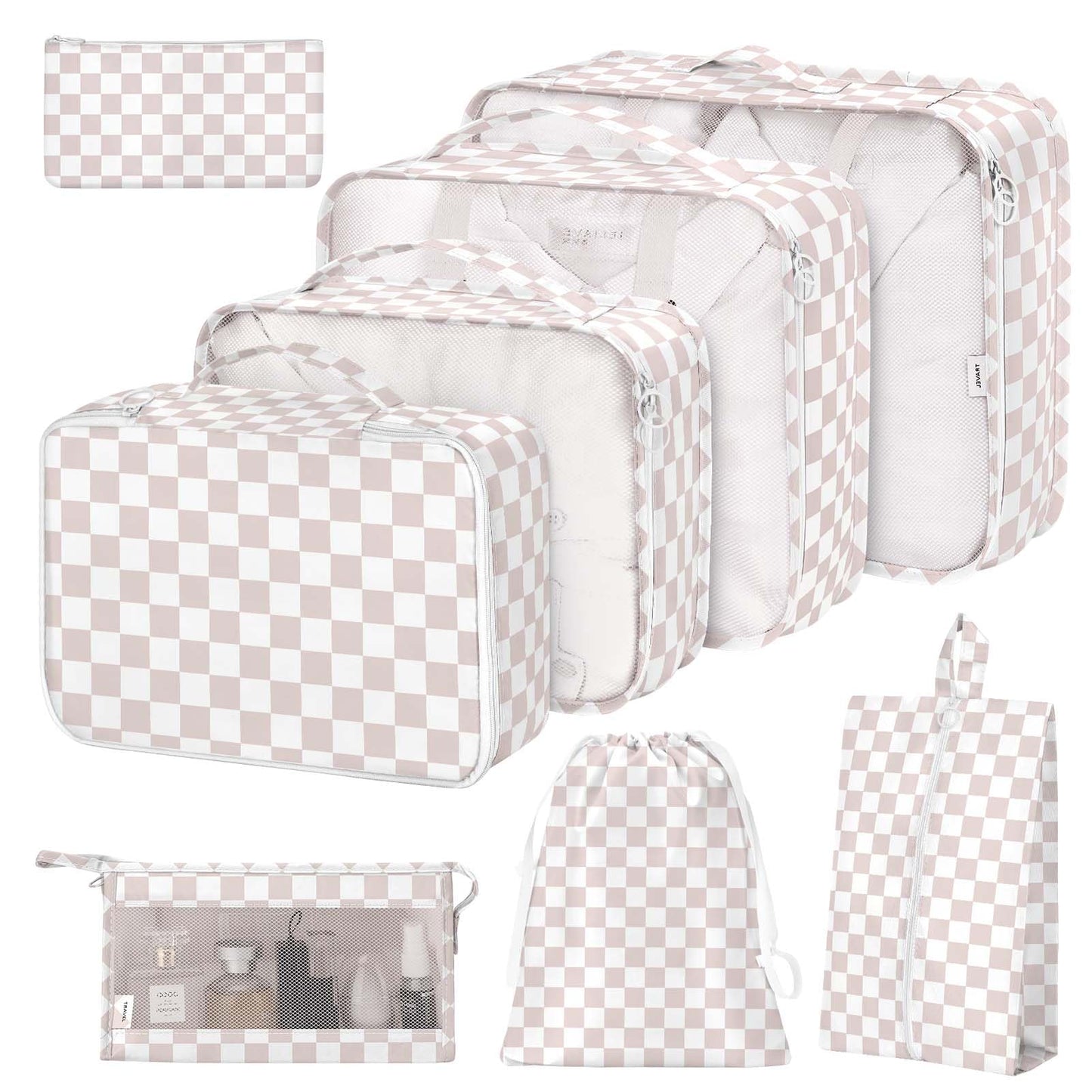 8 Set Packing Cubes for Suitcases, Packing Cubes with Shoe, Cosmetics, Clothing, Accessories Bags for Travel Luggage Organizer Women Men(Light Pink Checkered)