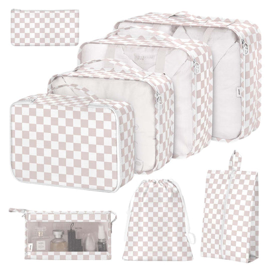 8 Set Packing Cubes for Suitcases, Packing Cubes with Shoe, Cosmetics, Clothing, Accessories Bags for Travel Luggage Organizer Women Men(Light Pink Checkered)