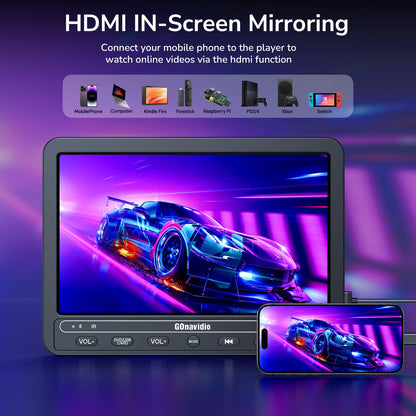10.5 Inch DVD Player for Car with 5-Hour Battery, Headphones, Headrest DVD Player Support HDMI Input, Sync Phone/TV, 1080P Videos, USB SD, Last Memory, Region Free