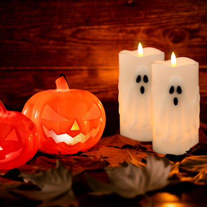 Lasumora Halloween Ghost Flameless Pillar Candles with Remote Timer, Battery Operated LED Candles for Halloween Decorations Indoor Halloween Home Decor Gifts (2 Pack, 3” x 6.5”)