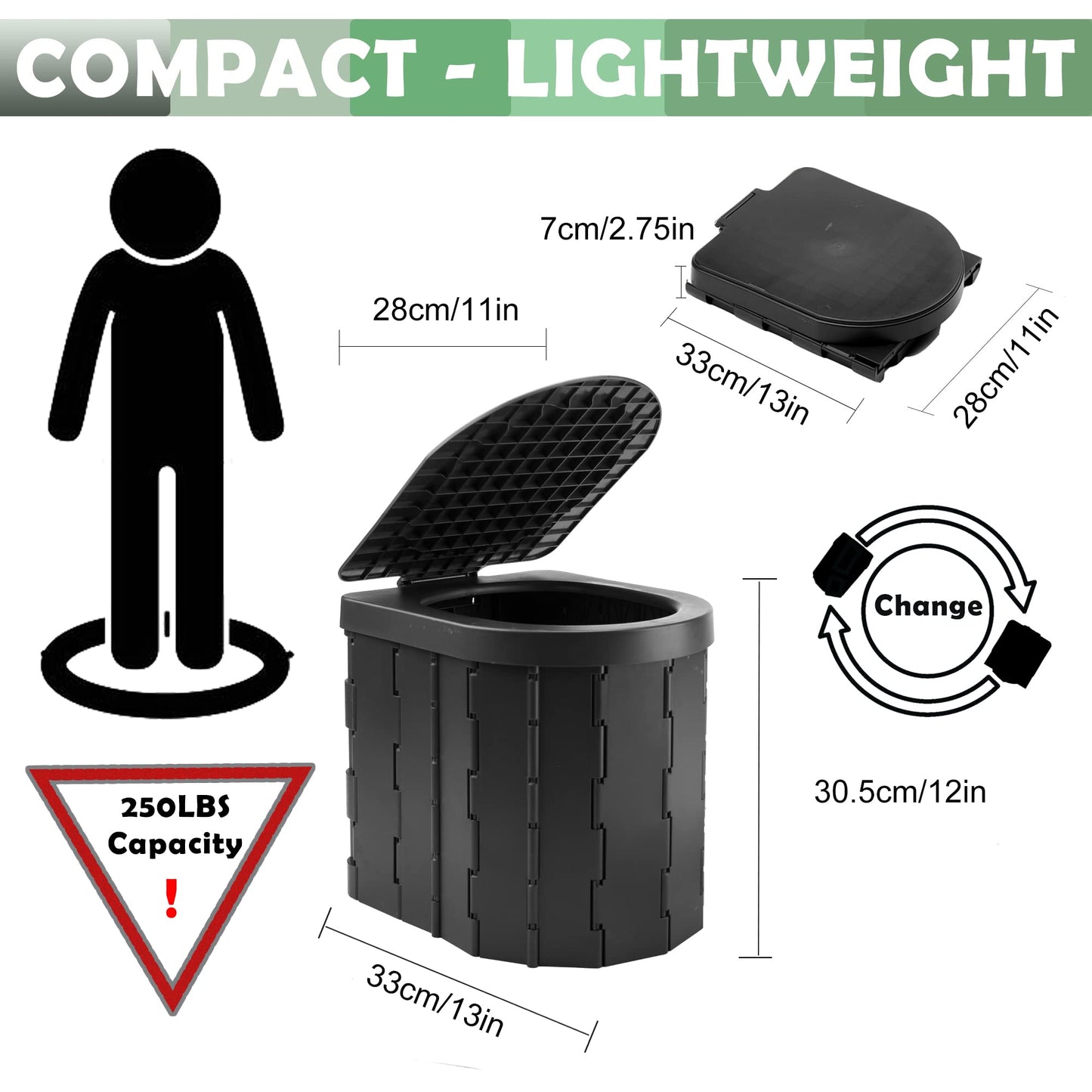 KINSPORY Camping Toilet, Portable Toilet for Adults & Kids, Foldable Potty & Outdoor Emergency Sanitation Products, Trash Can, Stool for Car Truck Camping Travel Hiking Fishing Long Trips (Deep Black)