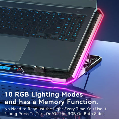 Gaming Laptop Cooler with 13 Ultra Quiet Fans, LCD Screen and Multi Color RGB - 10 Lighting Modes, 9 Adjustable Heights, Dual USB Ports, Built in Phone Holder for 15 to 21 Inch Laptops on Desk or Lap