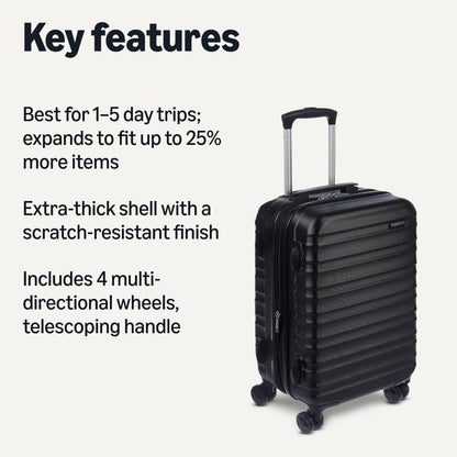 Amazon Basics 21" Hardside Carry-On Luggage, Hardshell Suitcase With Wheels, Expandable For Up to 25% More Space, With Scratch-Resistant Surface, Four Multi-directional Wheels, Black