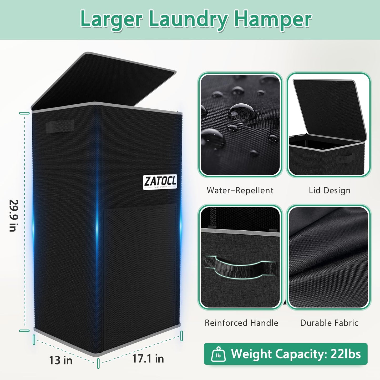 110L Laundry Hamper with Lid with Washing Bag & Front Mesh Bag, Large & Tall Laundry Basket, Collapsible Dirty Clothes Hampers for Bedroom Aesthetic, Bathroom, Dorm, Laundry Room - Easy Carry, Black