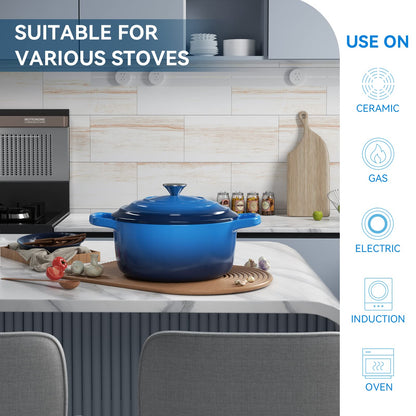 Miereirl 6 Quart Enameled Dutch Oven Pot with Lid, Cast Iron Dutch Oven with Dual Handles for Bread Baking, Cooking, Non-stick Enamel Coated Cookware (Dark Blue)