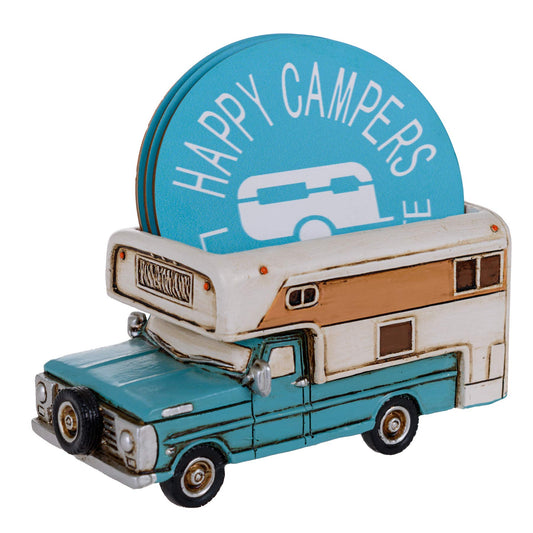 Happy Camper Car Truck RV Coasters - Rustic Home Decor for Drinks - Living Room Table Dining Bar Camp Coasters