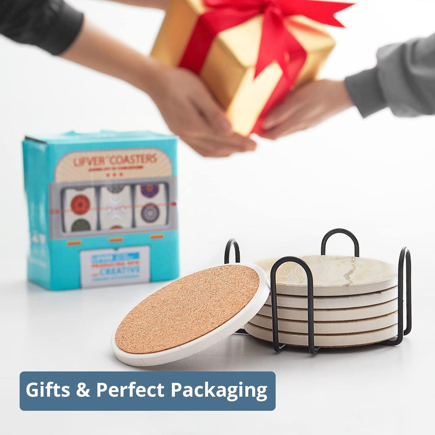 LIFVER Coasters Set of 6, Coasters for Drinks Absorbent Stone with Holder, Black Marble Style Ceramic Drink Coaster for Tabletop Protection, Coffee Table Decor Ideal for Home Decor House Warming Gifts