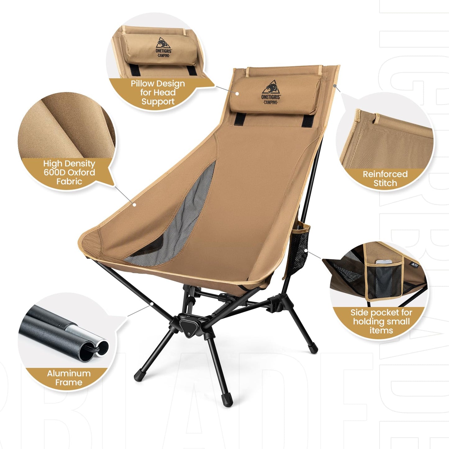 OneTigris Tigerblade High Back Camping Chair with Pillow Design, Comfortable Widened Seat Folding Chair