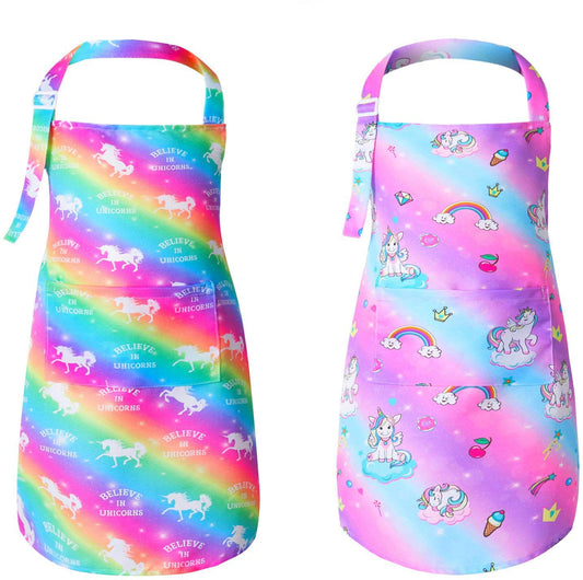 PASHOP 2 Pack Kids Apron Rainbow Unicorn Aprons With Pockets for Girls Boys Toddler Apron for Painting Cooking Baking
