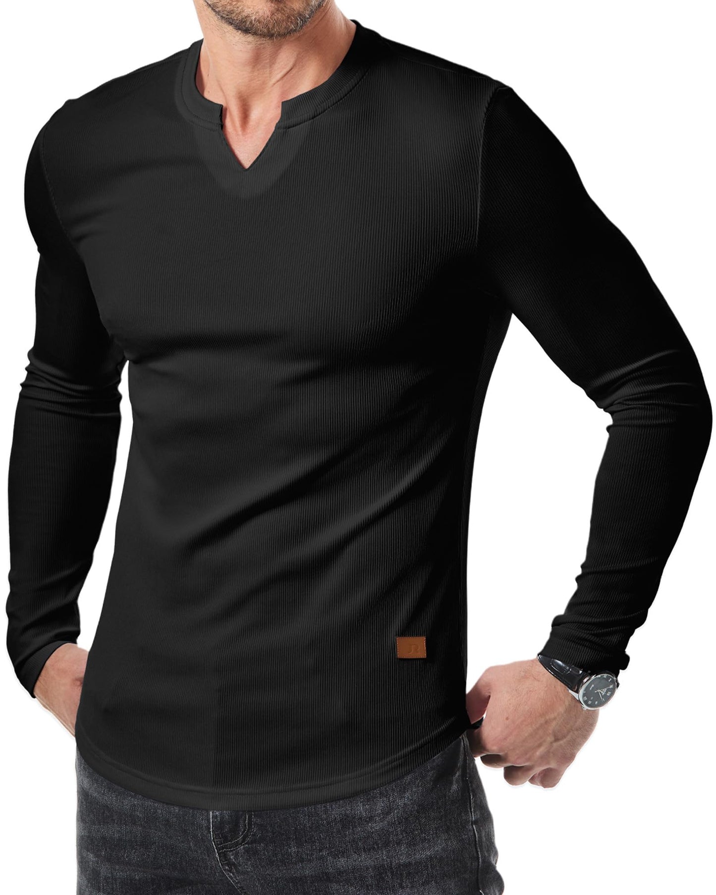 JMIERR Muscle Shirts for Men Slim Fitted T Shirt V-Neck Casual Longline Henley Shirt Long Sleeve Gym Workout Athletic Tees Shirts, S, Black
