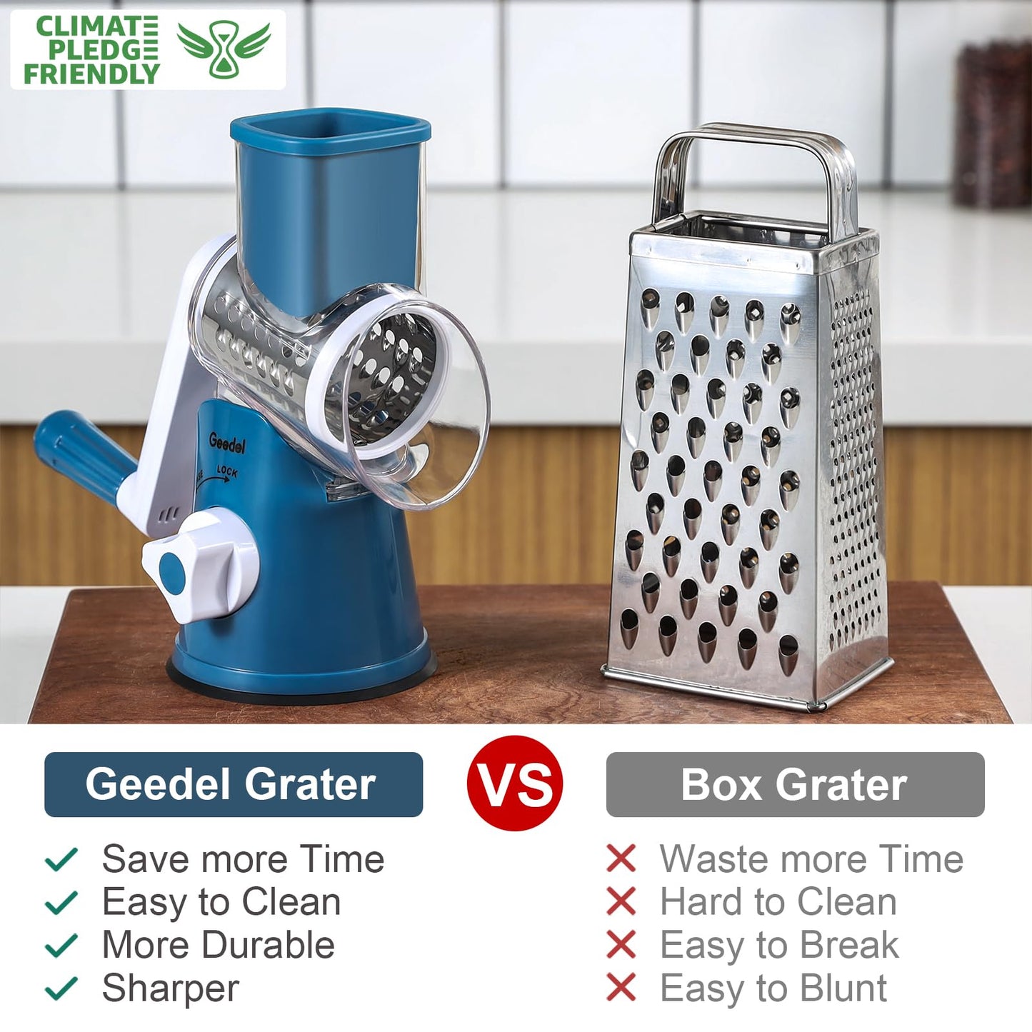 Geedel Rotary Cheese Grater, Kitchen Mandoline Vegetable Slicer with 3 Interchangeable Blades, Easy to Clean Rotary Grater Slicer for Fruit, Vegetables, Nuts