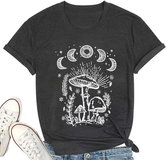 Moon Shirts for Women Cute Mushroom Graphic Print Fungi T Shirt Summer Casual Short Sleeve Oversized Hiking Camping Adventure Cottagecore Clothing(Grey XL)